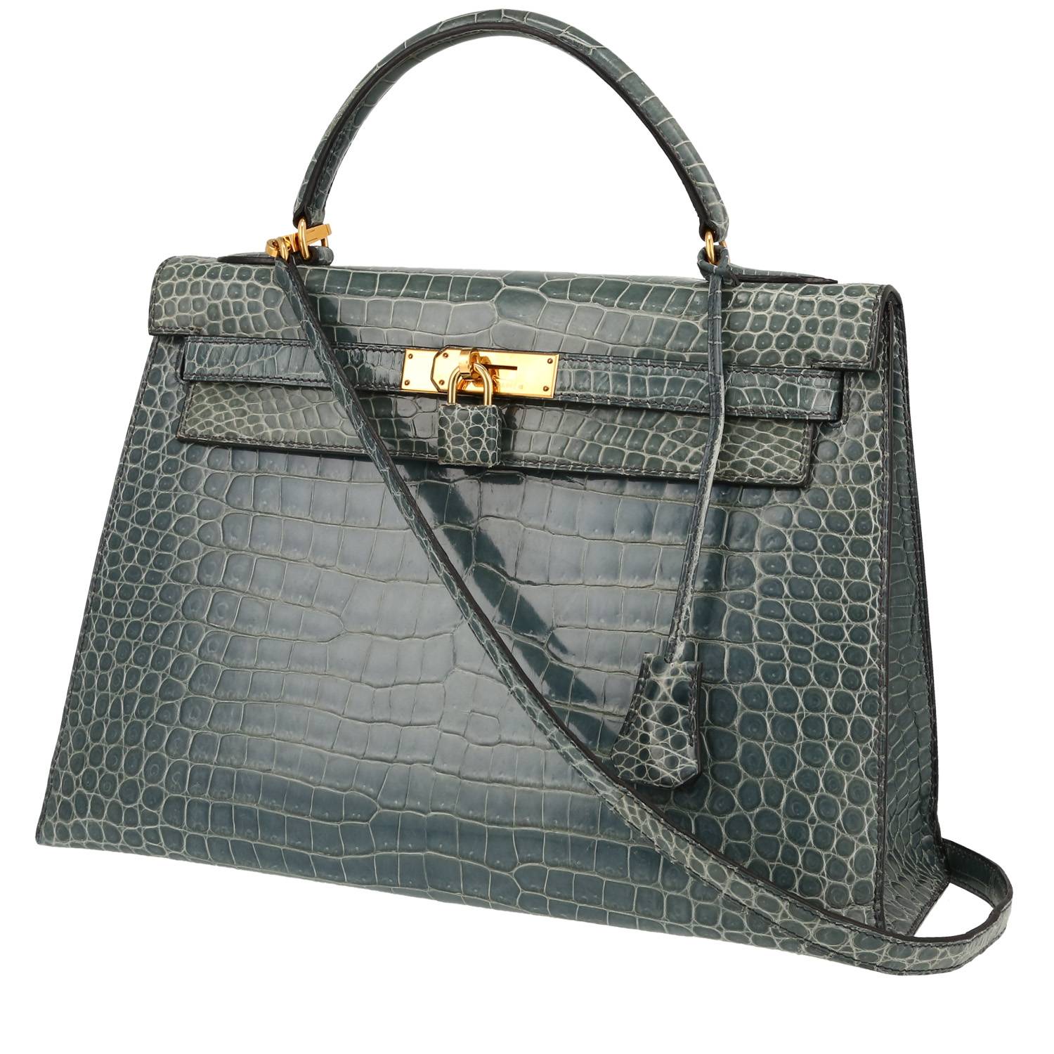 Kelly 32 cm Handbag In Blue Jean Porosus Crocodile