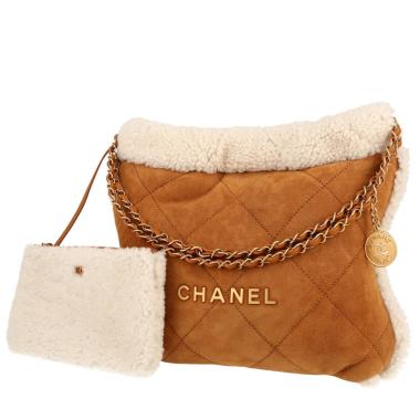 Sac cabas Chanel  22 en peau retournée beige et écrue