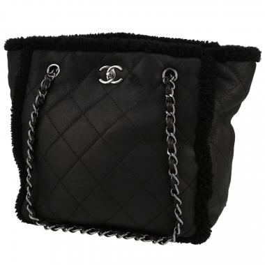 Bolso de mano Chanel  Petit Shopping en cuero de obeja volteado negro y cuero negro