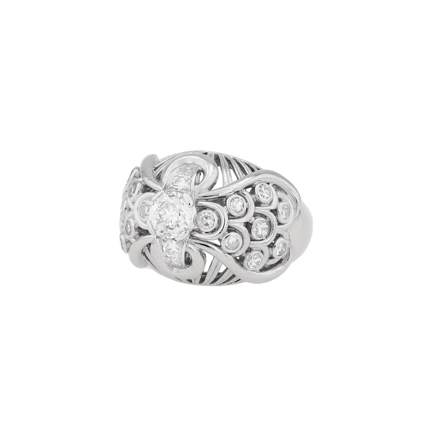 Anello a sfera  Vintage  in platino, oro bianco e diamanti