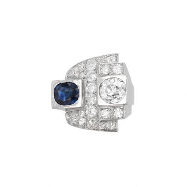 Anello Art Déco Vintage  in platino, diamanti e zaffiro
