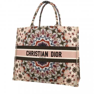 Shopping bag Dior  Book Tote in tela rosa verde kaki e beige