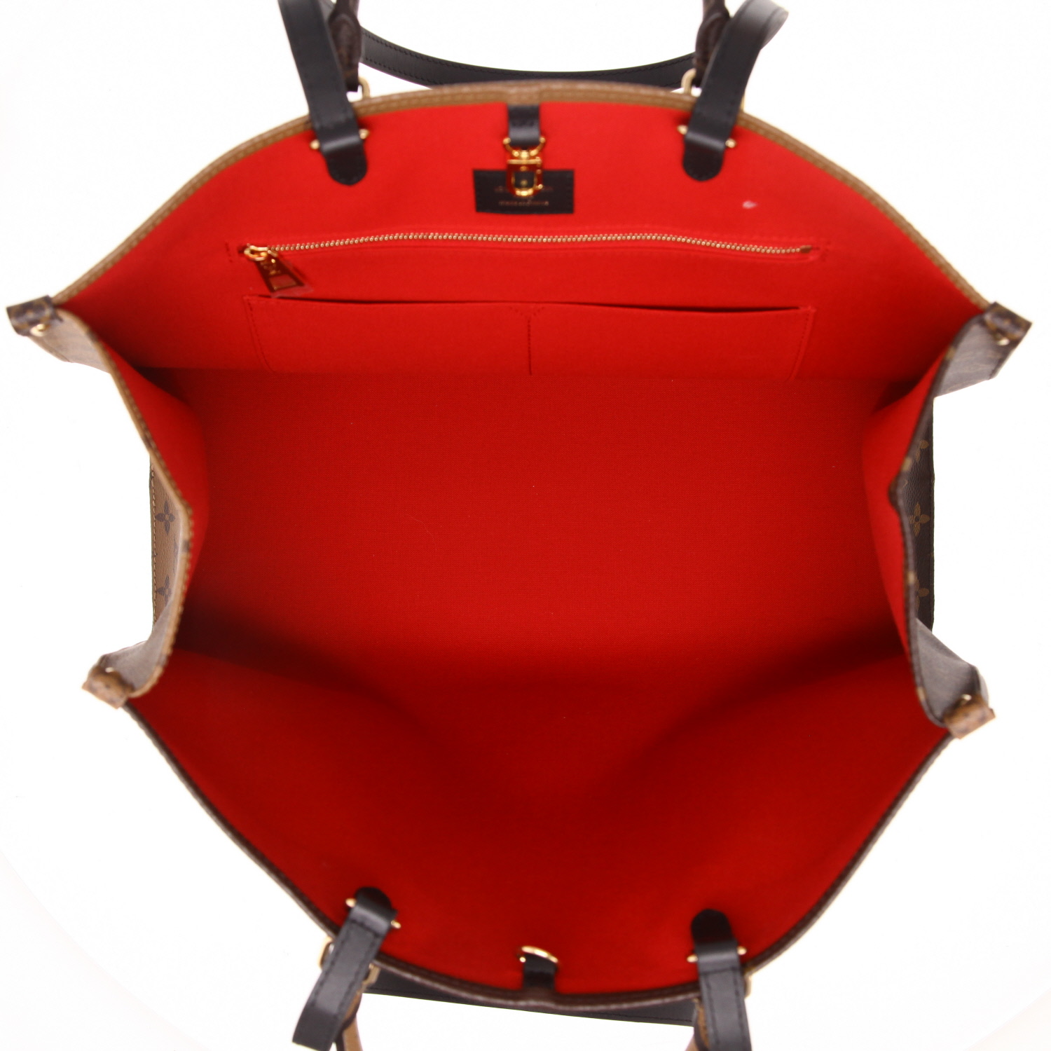 Sac cabas Louis Vuitton  Onthego grand modèle  en toile monogram deux tons marron et cuir noir - Detail D3