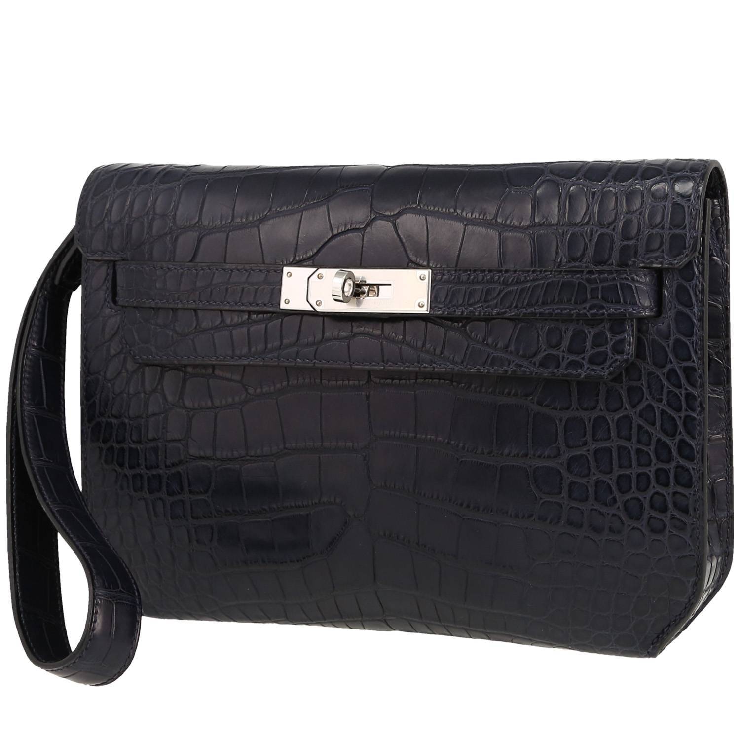Kelly Dépêches Pouch In Navy Blue Alligator