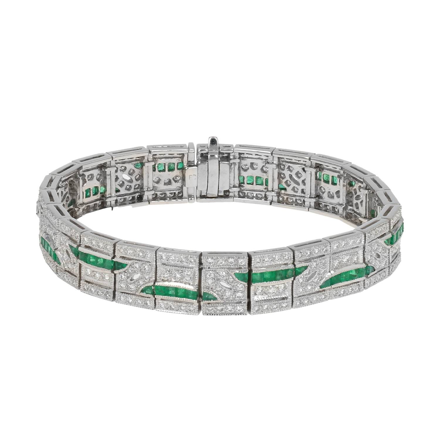 Bracelet Vintage  en or blanc, diamants et émeraudes