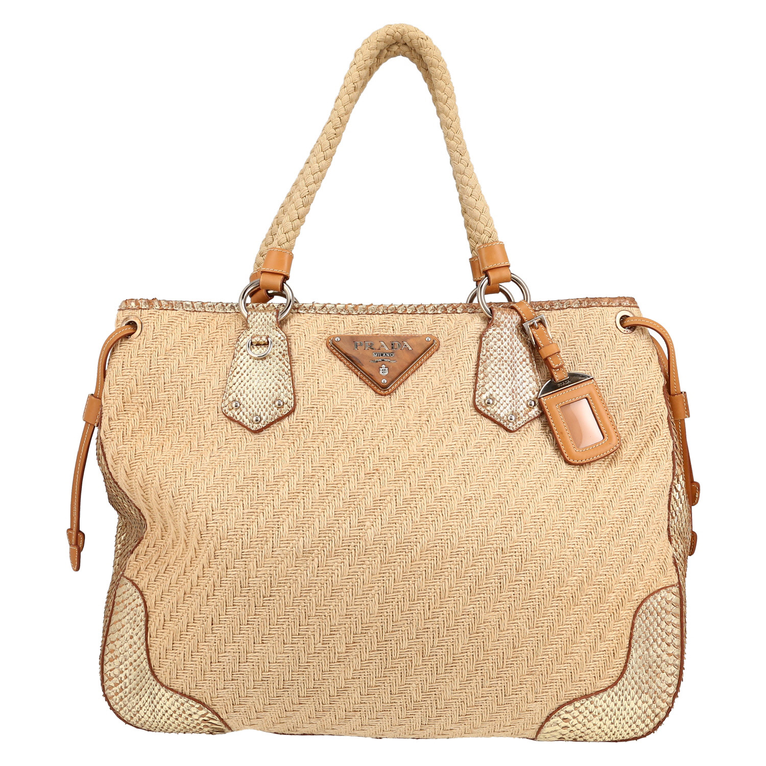 Bolso de mano Prada   en raffia y piel de lagarto dorada - Detail D1