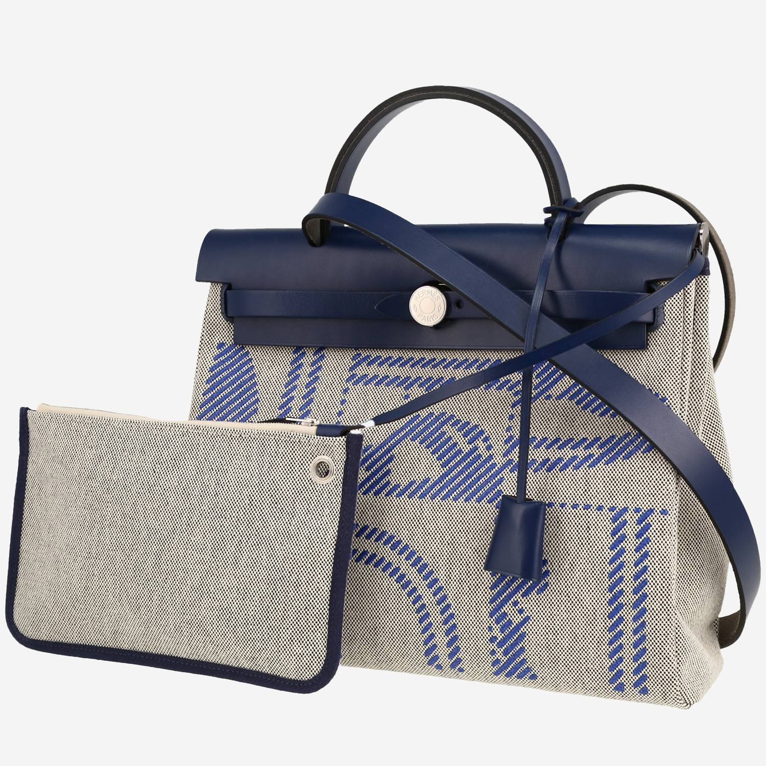 Borsa a tracolla Hermès  Herbag in tela "H" beige e mucca Hunter blu