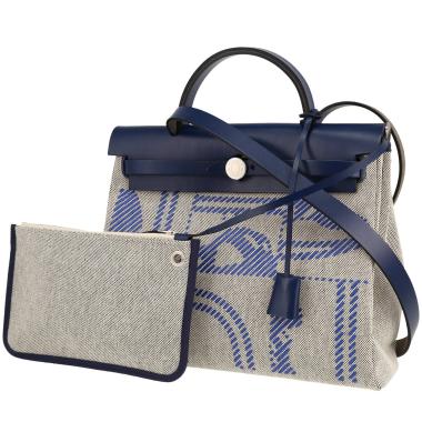 Hermès  Herbag shoulder bag  in beige "H" canvas  and blue Hunter cowhide