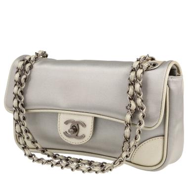 Chanel  Timeless handbag  in grey satin  and silver grained leather