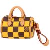 Portachiavi Louis Vuitton  Nano Speedy in tela cerata con motivo a scacchi marrone e giallo e pelle naturale - 00pp thumbnail
