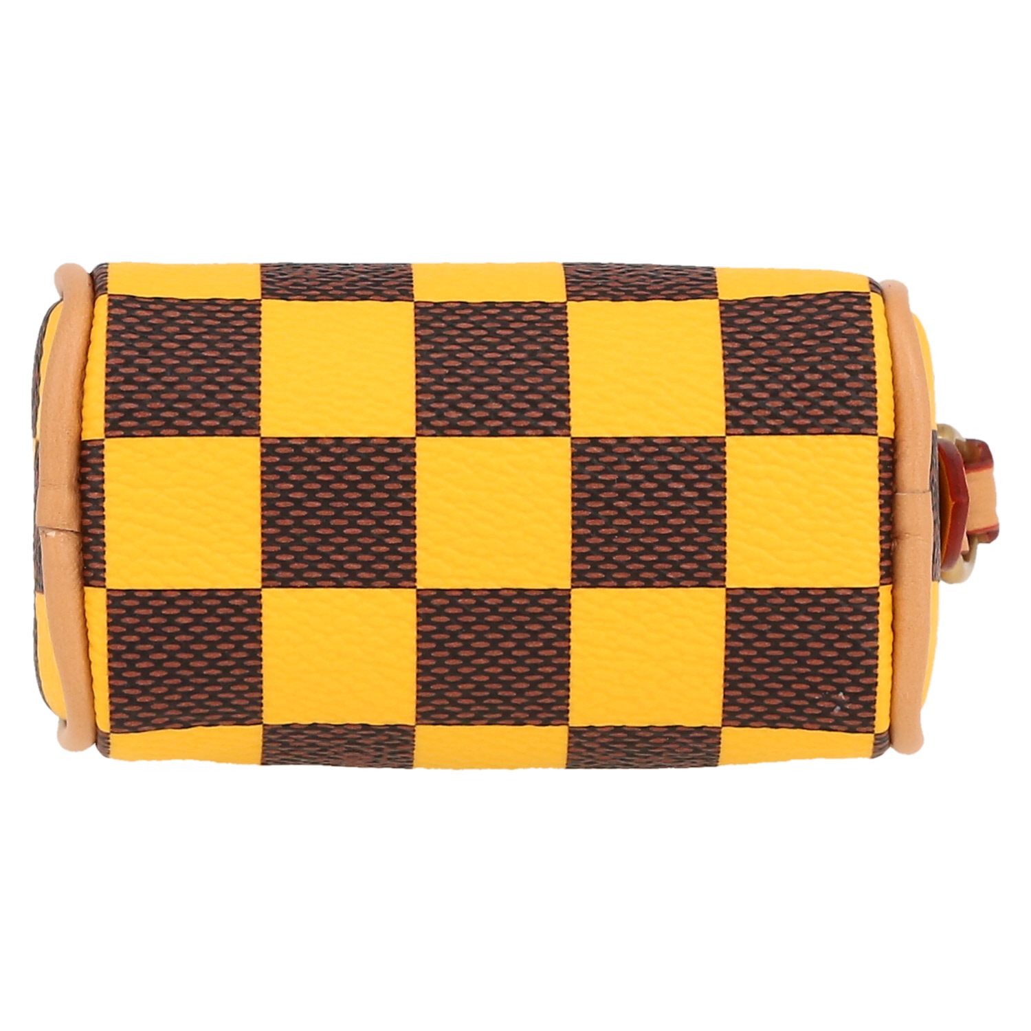 Porte-clef Louis Vuitton  Nano Speedy en toile damier enduite marron et jaune et cuir naturel - Detail D1