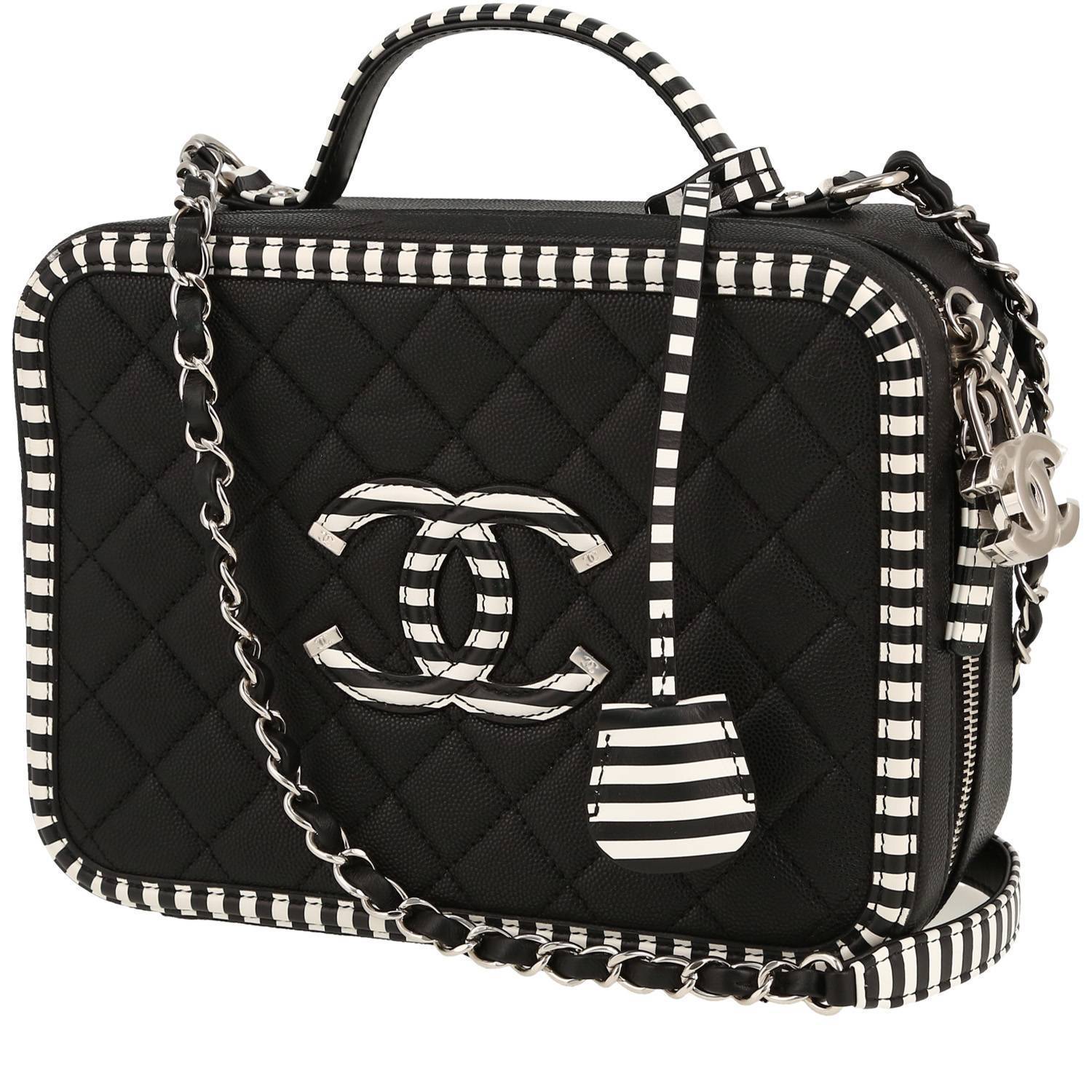 Chanel  Filigree Vanity Case in pelle martellata e trapuntata bicolore nera e bianca