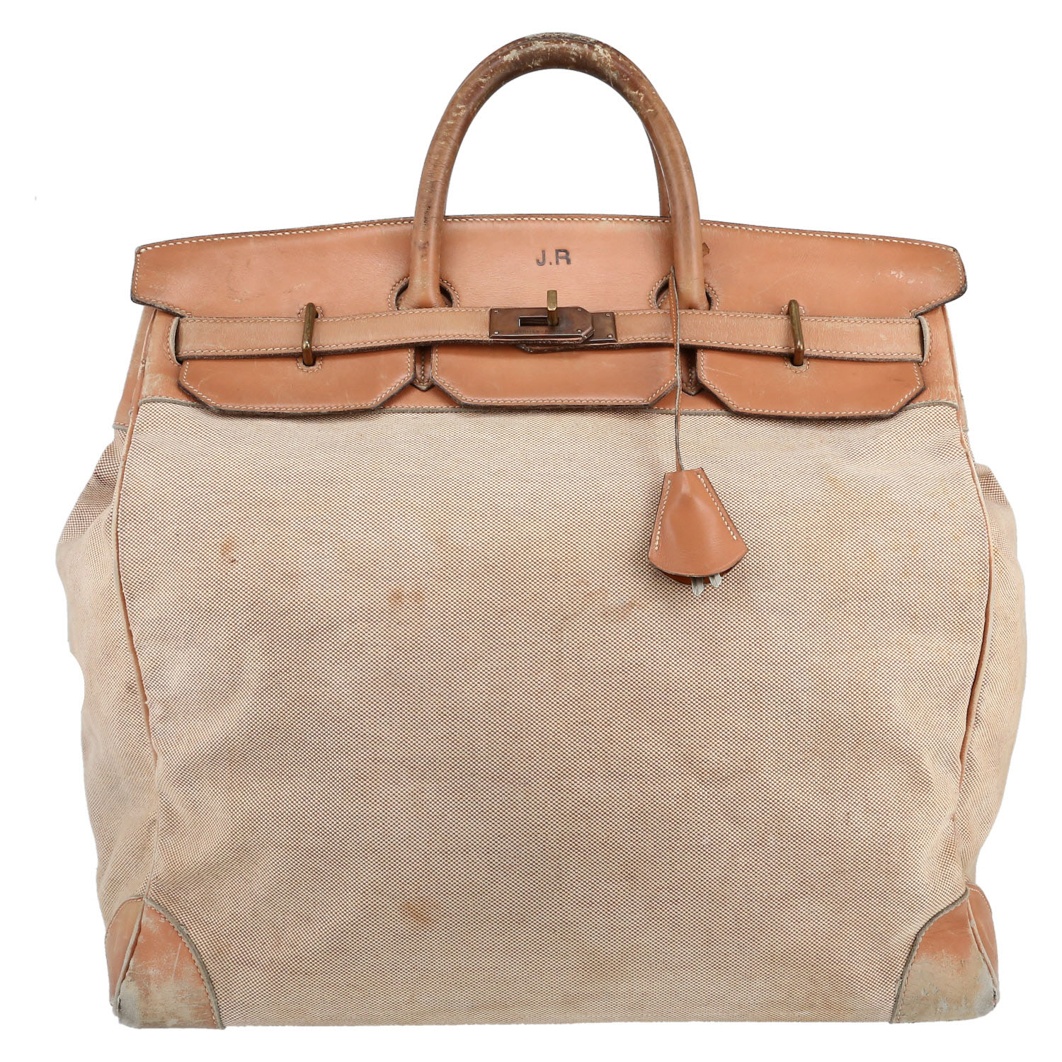 Bolso de fin de semana Hermès  Haut à Courroies en lona beige y cuero natural - Detail D1