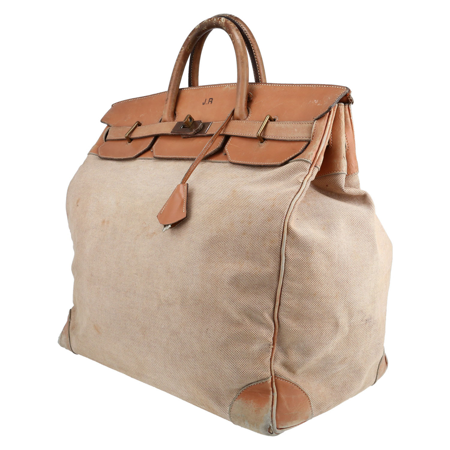 Borsa weekend Hermès  Haut à Courroies in tela beige e pelle naturale - Detail D2