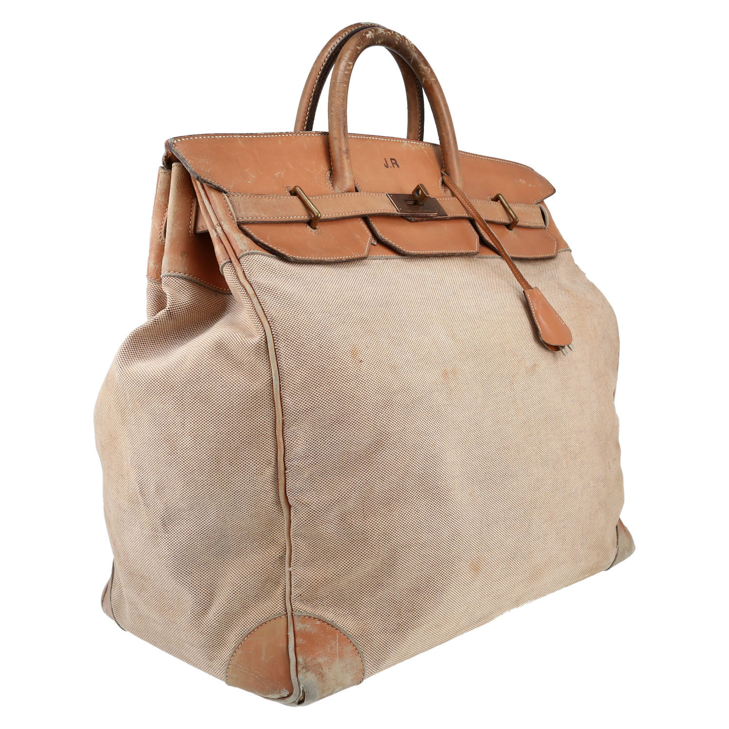 Sac de week end Hermès  Haut à Courroies en toile beige et cuir naturel - Detail D3