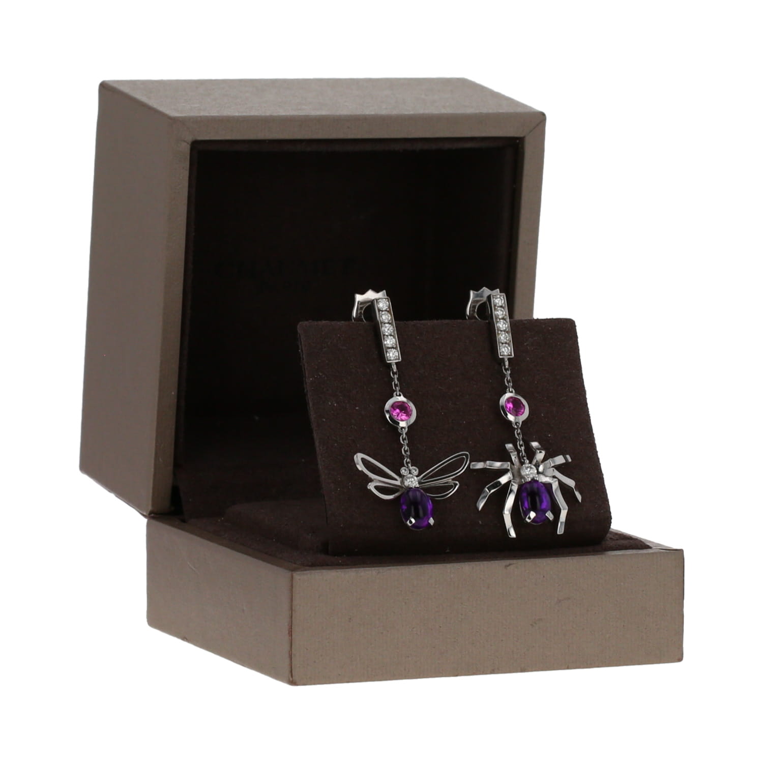 Pendientes colgantes Chaumet Attrape Moi Si Tu M'Aimes de oro blanco, diamantes y amatistas - Detail D3