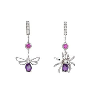 Pendientes colgantes Chaumet Attrape Moi Si Tu M'Aimes de oro blanco, diamantes y amatistas