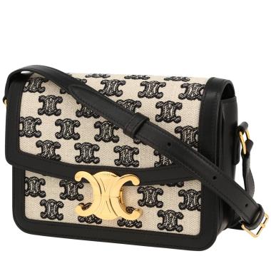 Borsa a tracolla Celine  Triomphe Teen in tela "Triomphe" nera e color crema e pelle nera