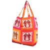 Shopping bag Hermès  Silky Pop - Shop Bag in tela con stampa arancione rosa e rossa e pelle rossa - 00pp thumbnail