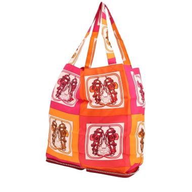 Sac cabas Hermès  Silky Pop - Shop Bag Brides de Gala en toile imprimée orange rose et rouge et cuir rouge