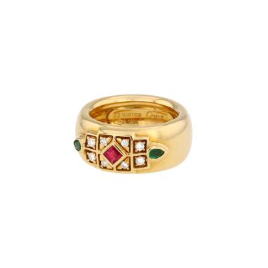Cartier Byzantine ring in yellow gold, diamonds and emerald