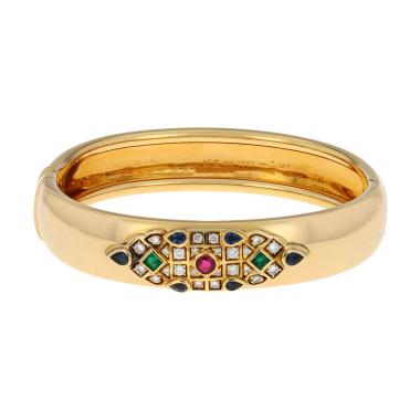 Bracelet années 90 Cartier Byzantine en or jaune, diamants et pierres de couleurs