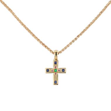 Colgante época años 90 Cartier Byzantine de oro amarillo, diamantes y piedras de colores