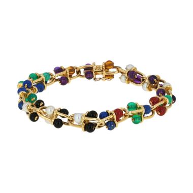 Bracelet Vintage  en or jaune, perles et pierres de couleurs