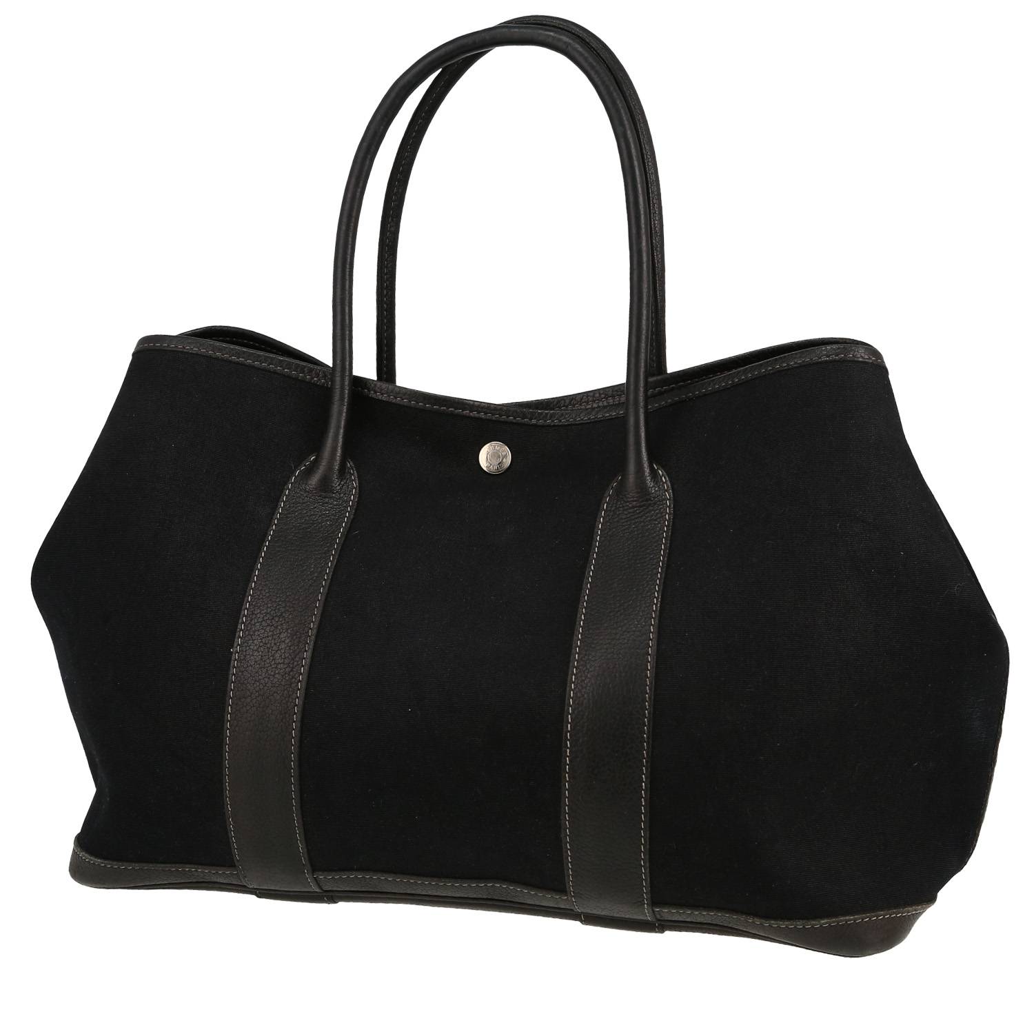 Garden Shopping Bag In Black Canvas And Black Leather