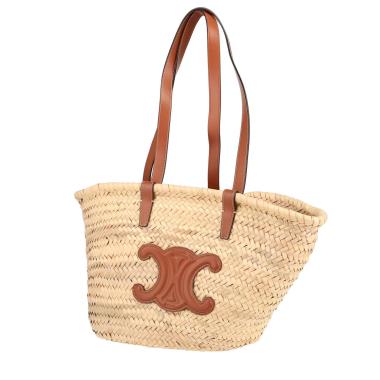 Bolso Cabás Celine  Panier Triomphe Teen en raffia beige y cuero marrón