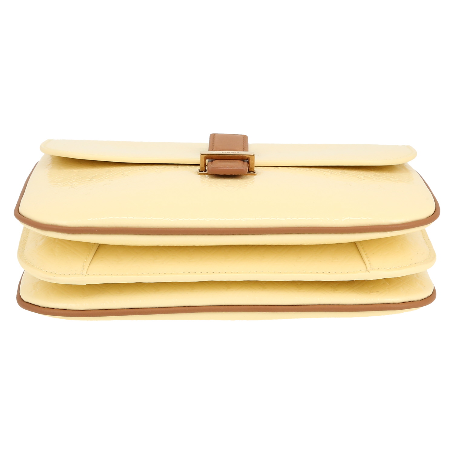 Borsa a tracolla Saint Laurent  Besace Messenger in pelle verniciata monogram beige e pelle marrone - Detail D1