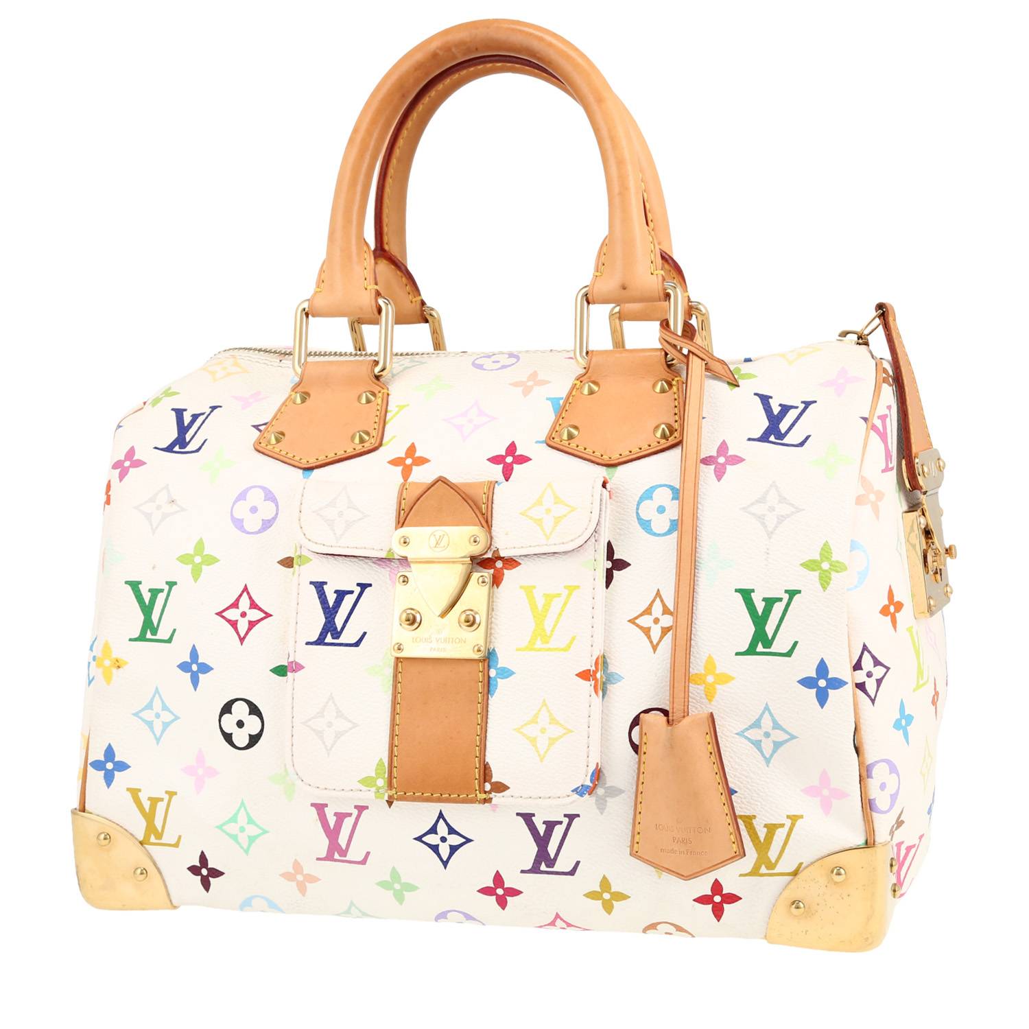 EAG9692 Sac à main Louis Vuitton  Speedy 30 en toile monogram blanche et multicolore et cuir naturel