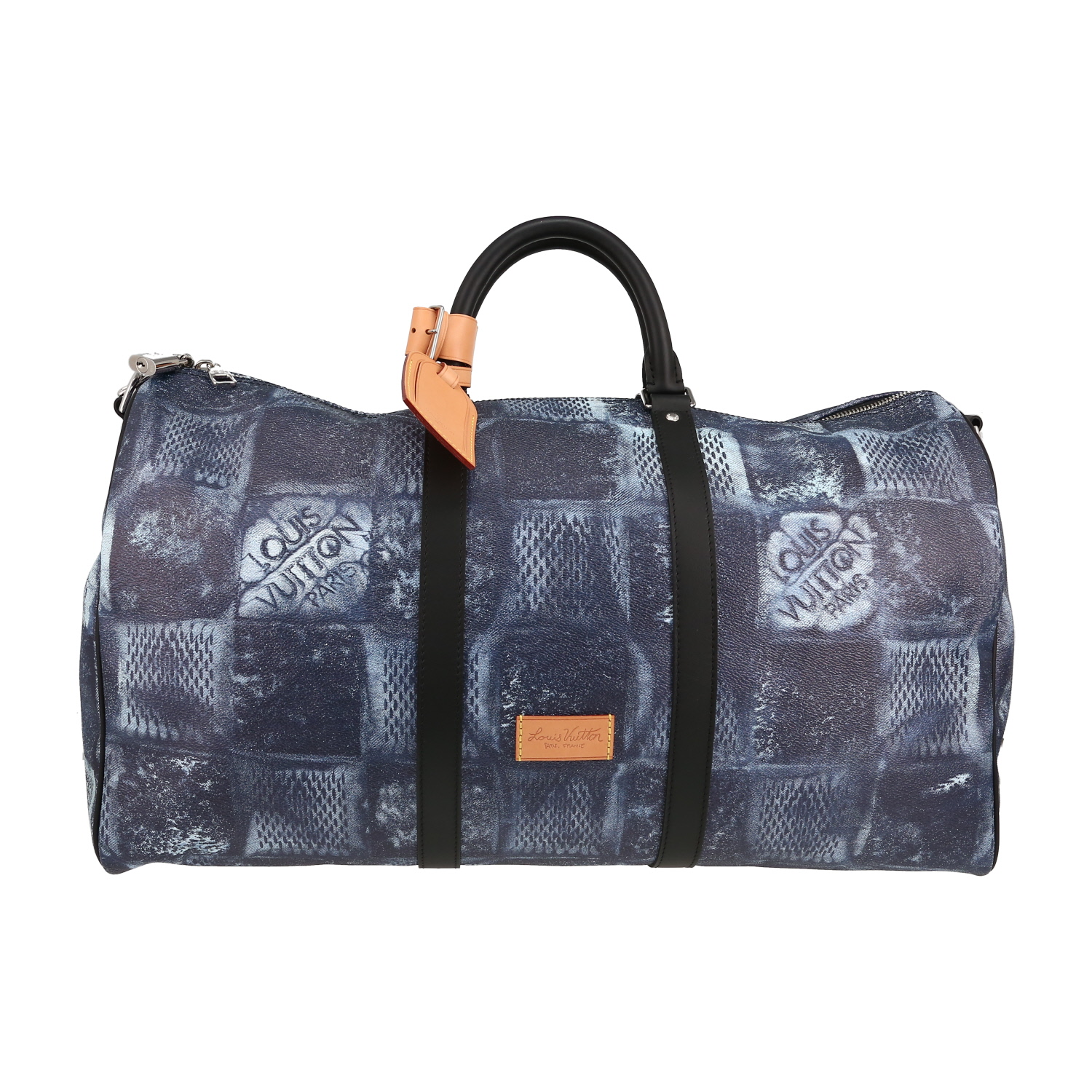 Bolsa de viaje Louis Vuitton  Keepall Editions Limitées en lona a cuadros revestida azul y cuero negro - Detail D1