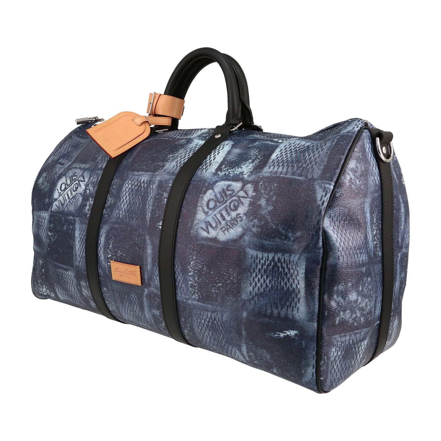 Sac de voyage Louis Vuitton Keepall Editions Limitées en toile damier enduite bleue et cuir noir - Detail D2
