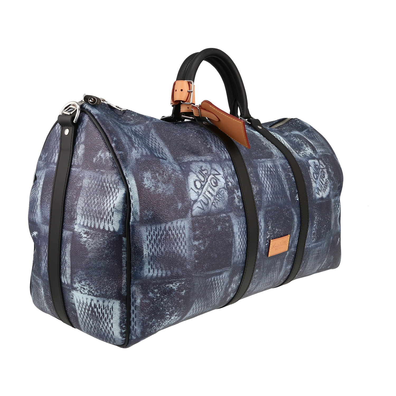 Bolsa de viaje Louis Vuitton  Keepall Editions Limitées en lona a cuadros revestida azul y cuero negro - Detail D3