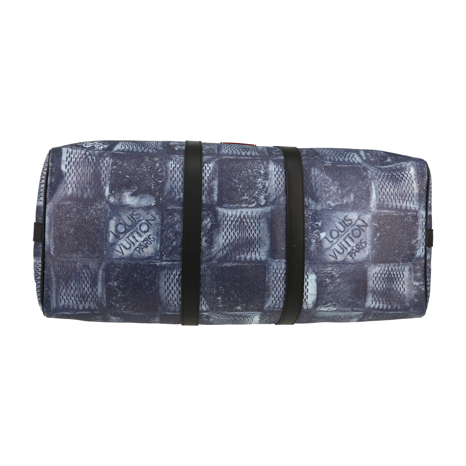 Bolsa de viaje Louis Vuitton  Keepall Editions Limitées en lona a cuadros revestida azul y cuero negro - Detail D4