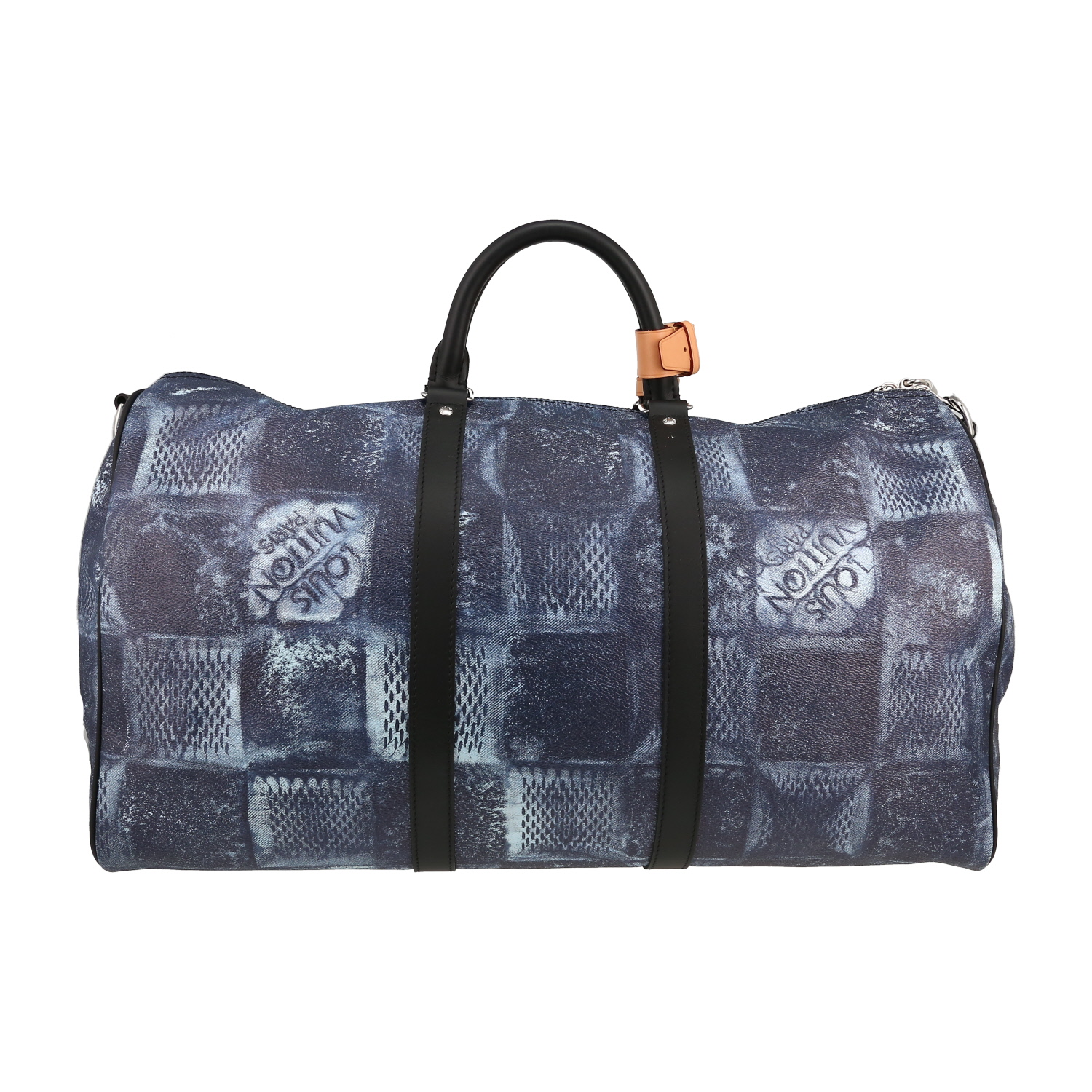 Bolsa de viaje Louis Vuitton  Keepall Editions Limitées en lona a cuadros revestida azul y cuero negro - Detail D5
