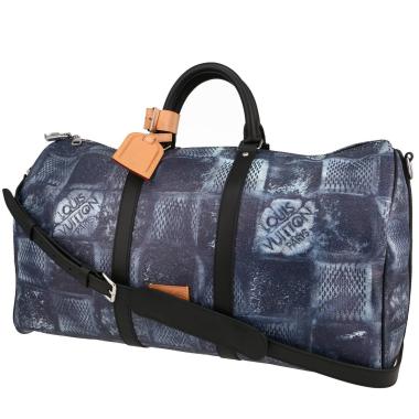 Borsa da viaggio Louis Vuitton  Keepall Editions Limitées in tela cerata con motivo a scacchi blu e pelle nera