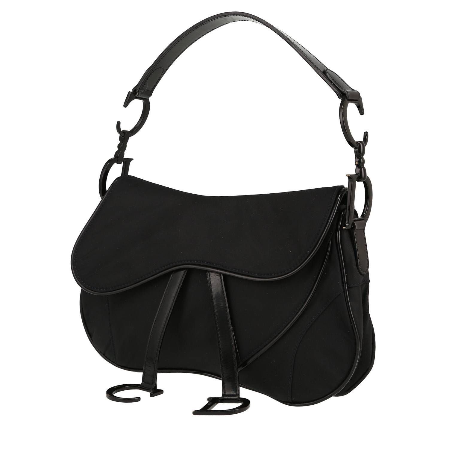 Saddle Handbag In Black Canvas And Black Leather