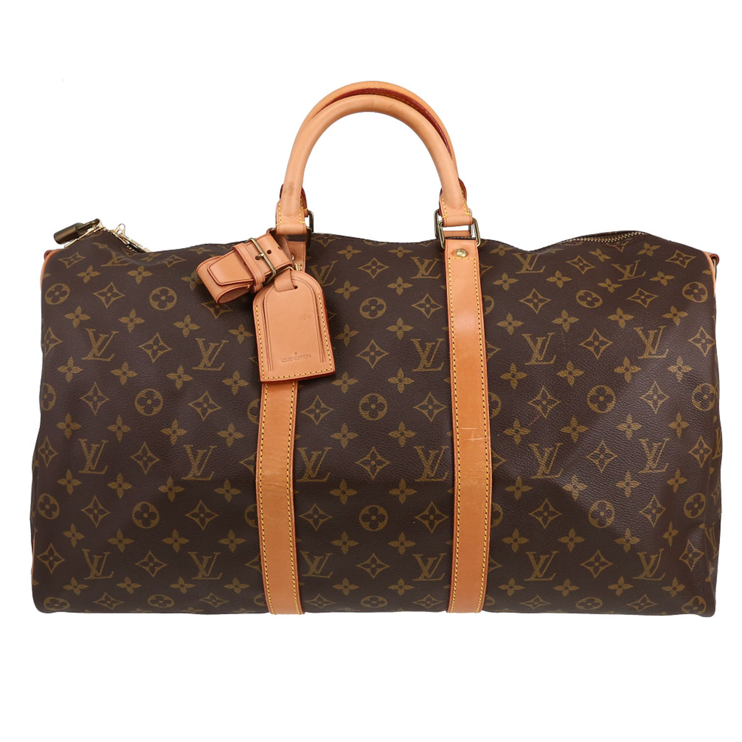 Sac de voyage Louis Vuitton  Keepall 50 en toile monogram marron et cuir naturel - Detail D1