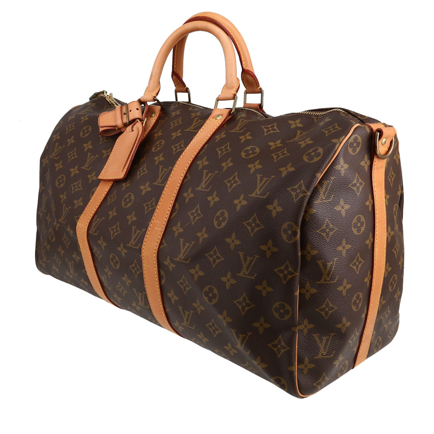 Borsa da viaggio Louis Vuitton  Keepall 50 in tela monogram marrone e pelle naturale - Detail D2