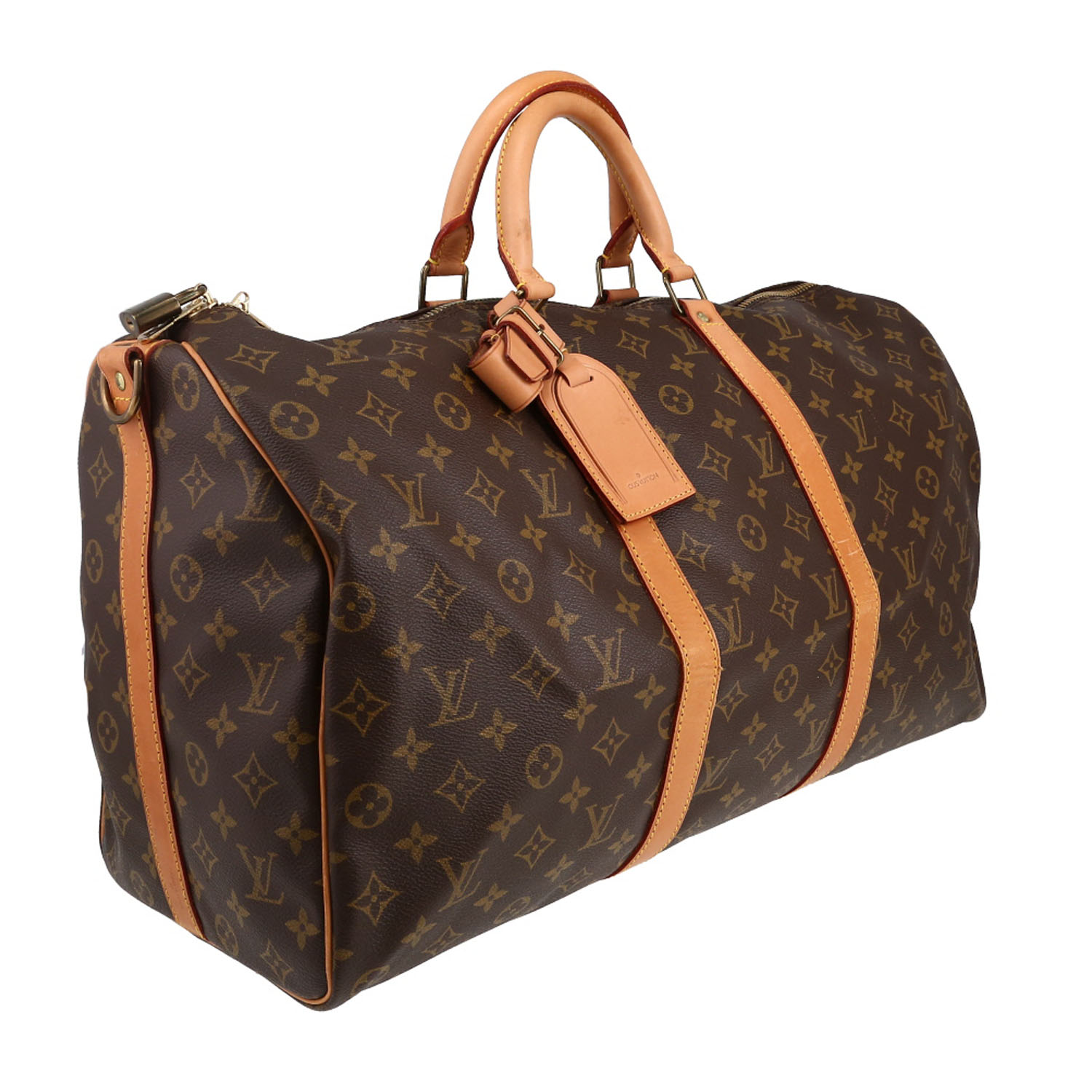 Sac de voyage Louis Vuitton  Keepall 50 en toile monogram marron et cuir naturel - Detail D3