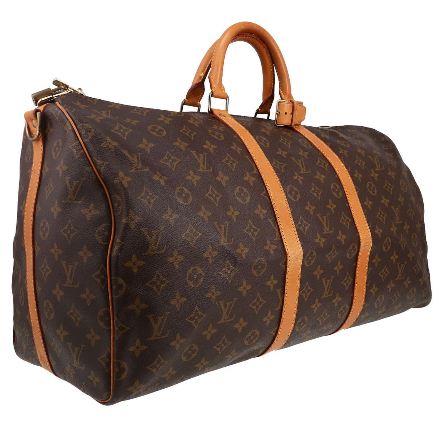 Bolsa de viaje Louis Vuitton  Keepall 55 en lona Monogram marrón y cuero natural - Detail D3