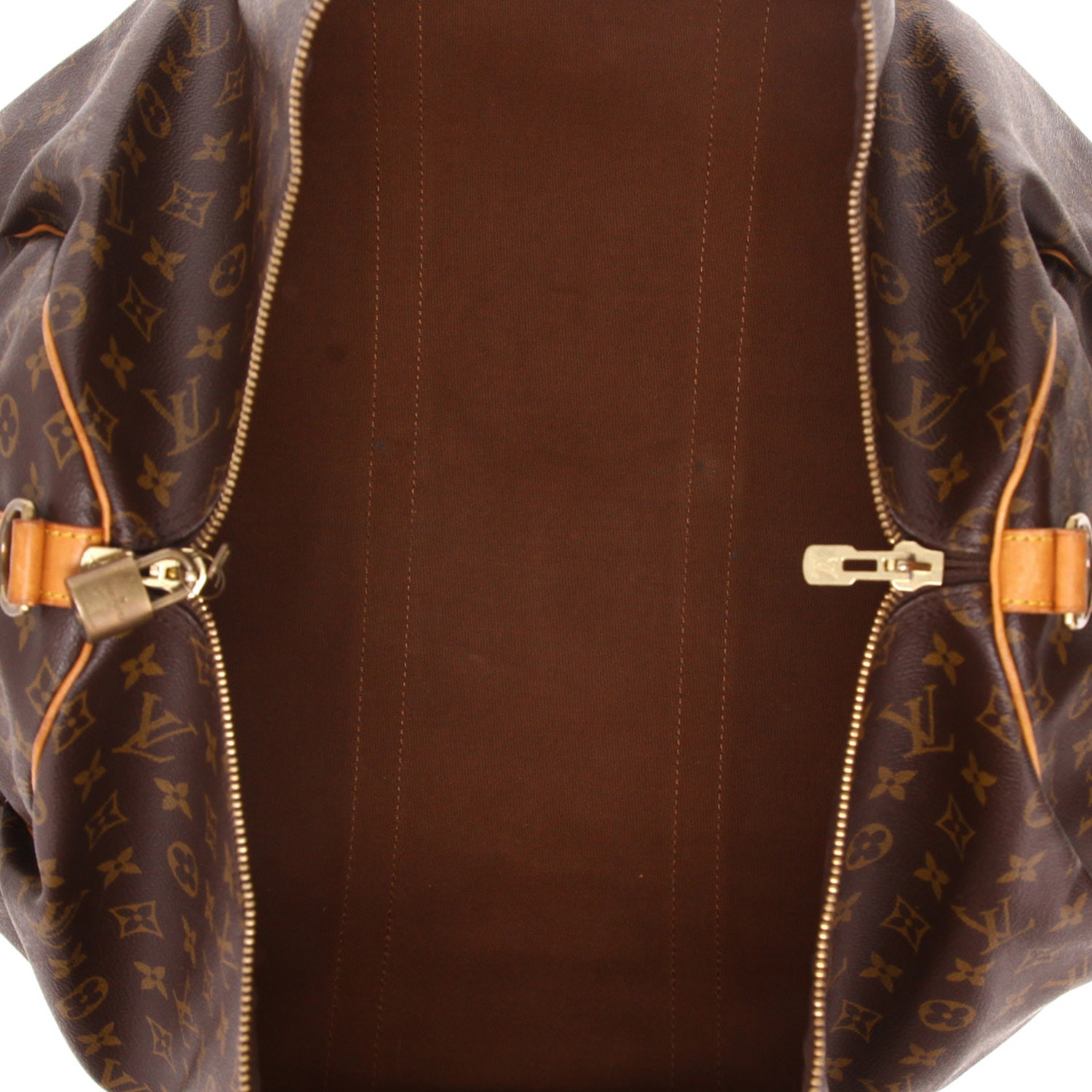 Sac de voyage Louis Vuitton  Keepall 55 en toile monogram marron et cuir naturel - Detail D7