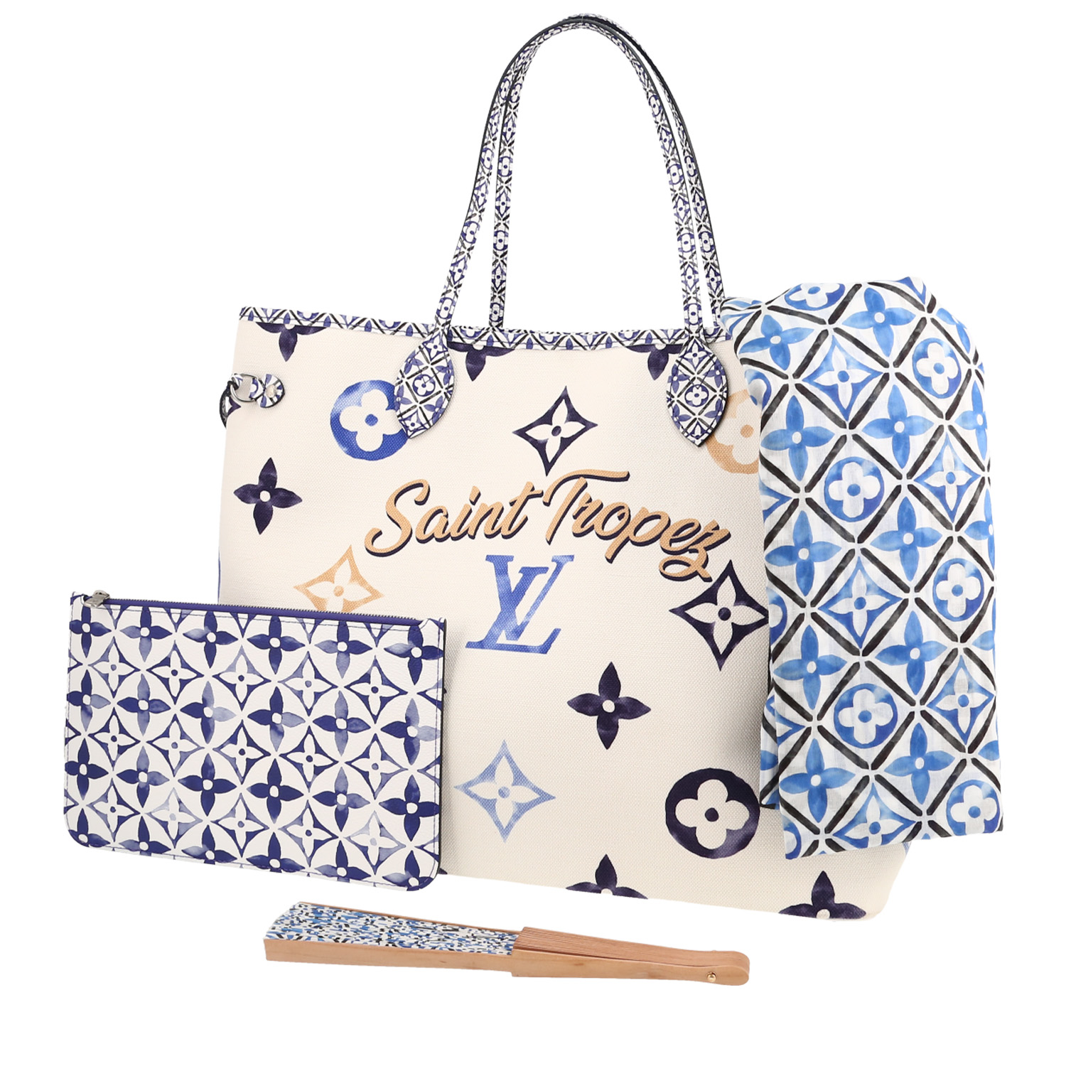 Louis Vuitton  Neverfull Editions Limitées shopping bag  in blue and white monogram canvas  and blue leather - Detail D6