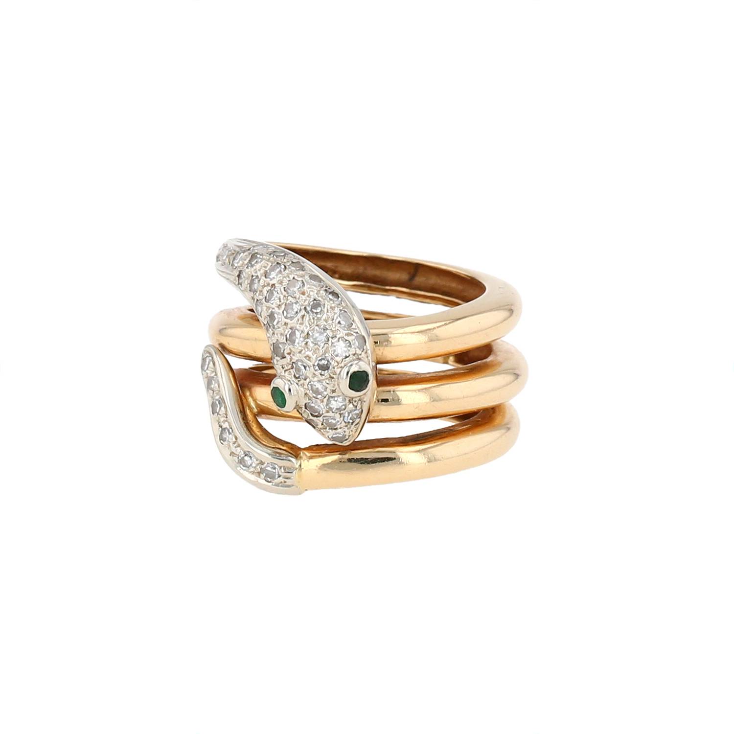 Bague Serpent Vintage en or jaune 14 carats et blanc 14 carats,  diamants et émeraudes