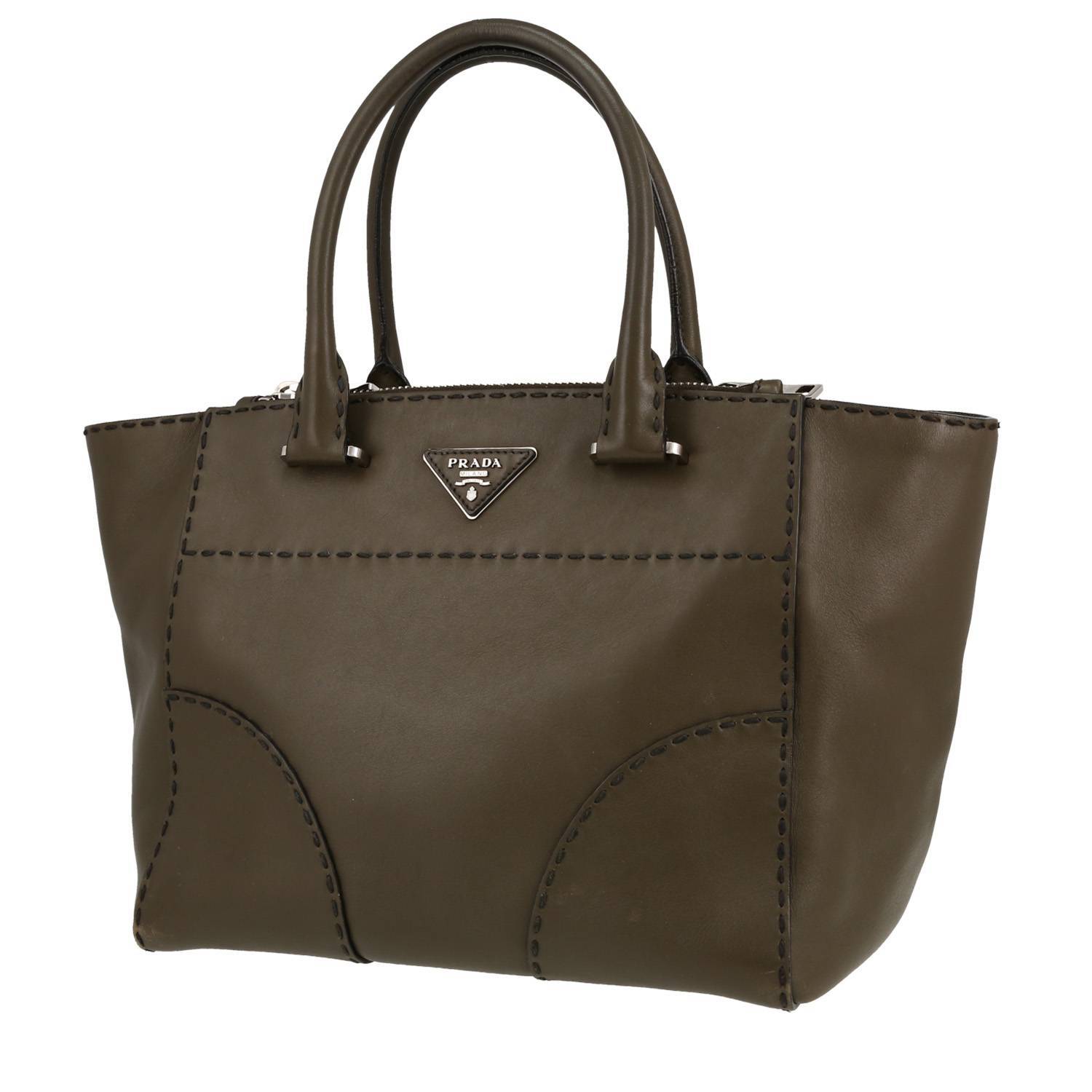 Twin Zip Handbag In Khaki Leather