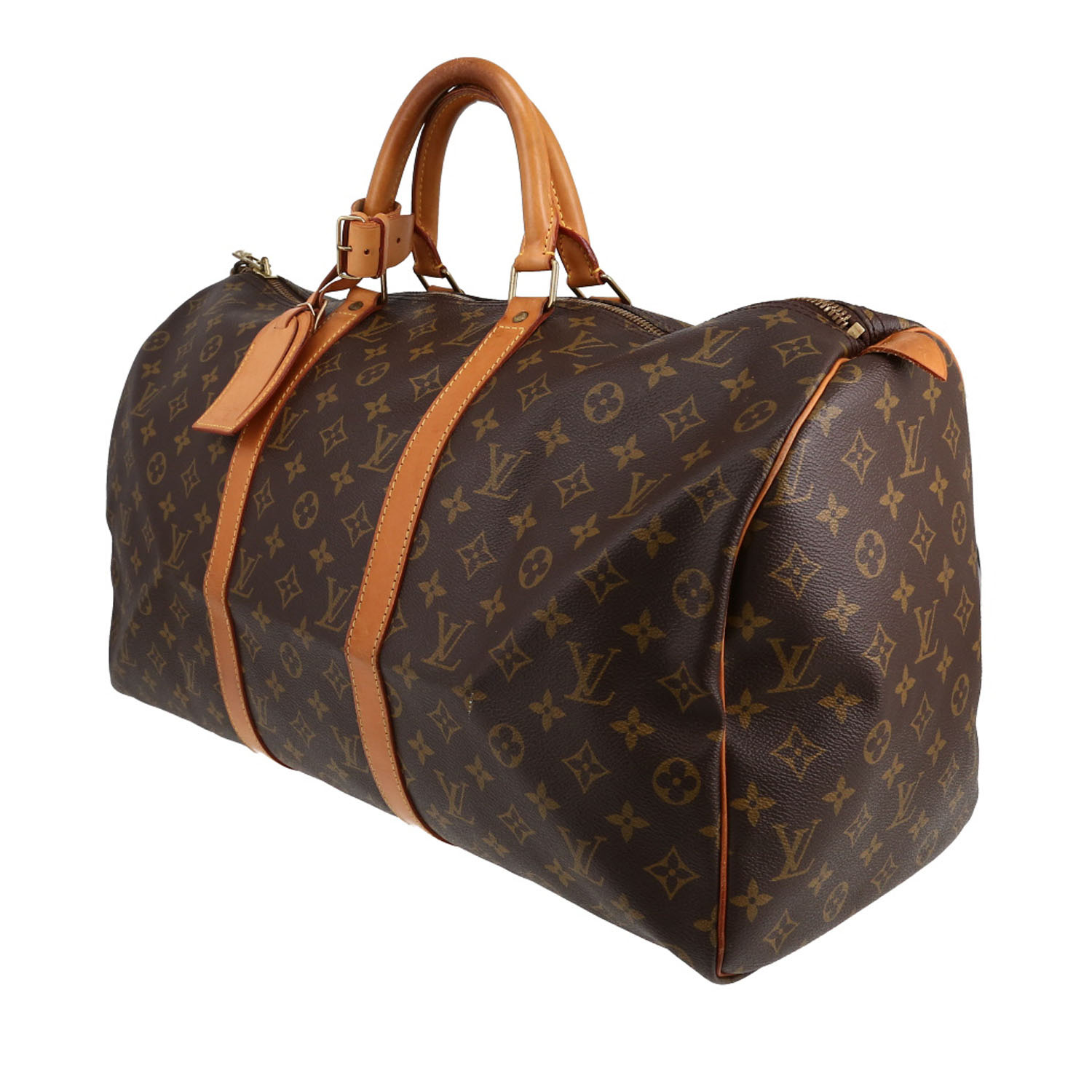 Bolsa de viaje Louis Vuitton  Keepall 50 en lona Monogram marrón y cuero natural - Detail D2