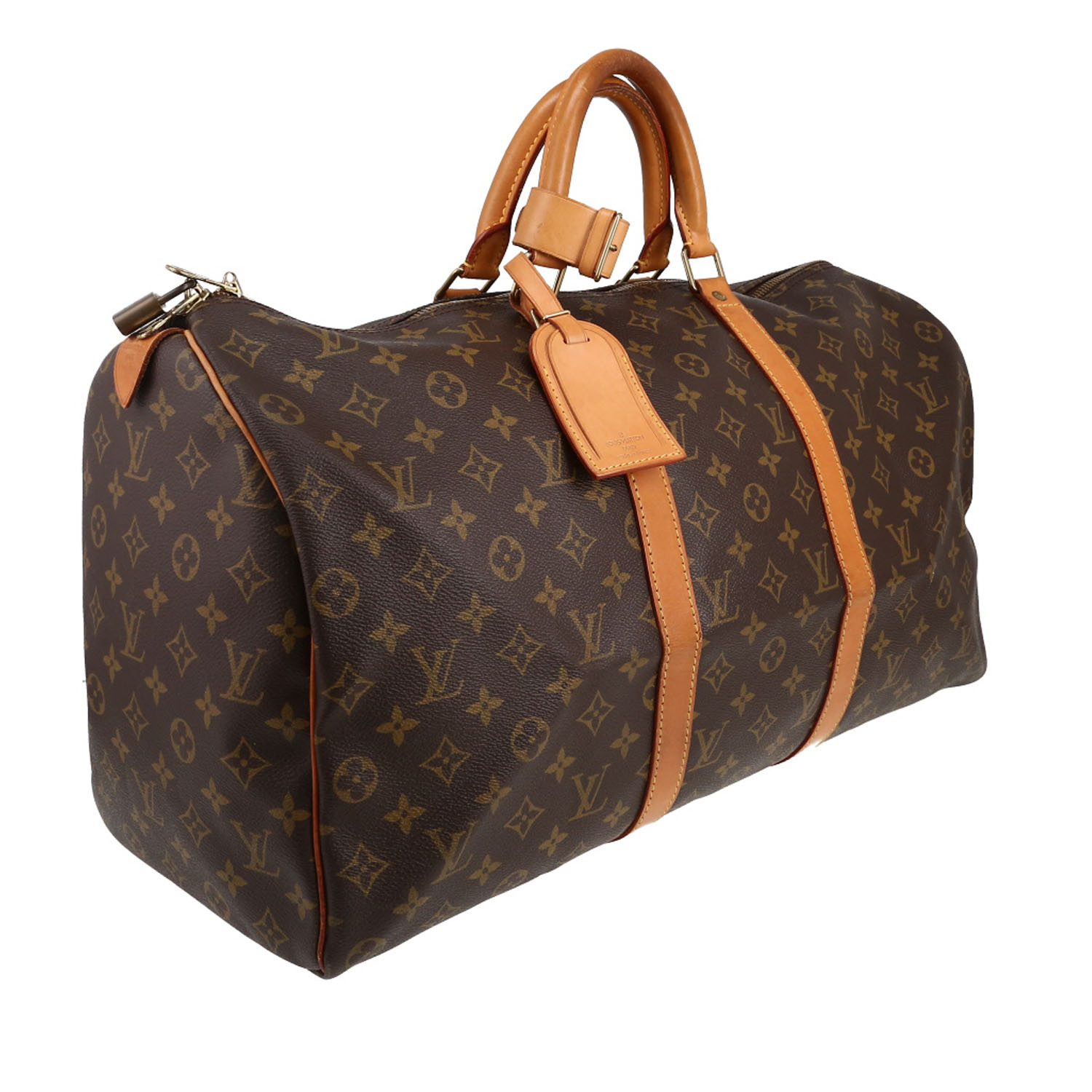 Bolsa de viaje Louis Vuitton  Keepall 50 en lona Monogram marrón y cuero natural - Detail D3