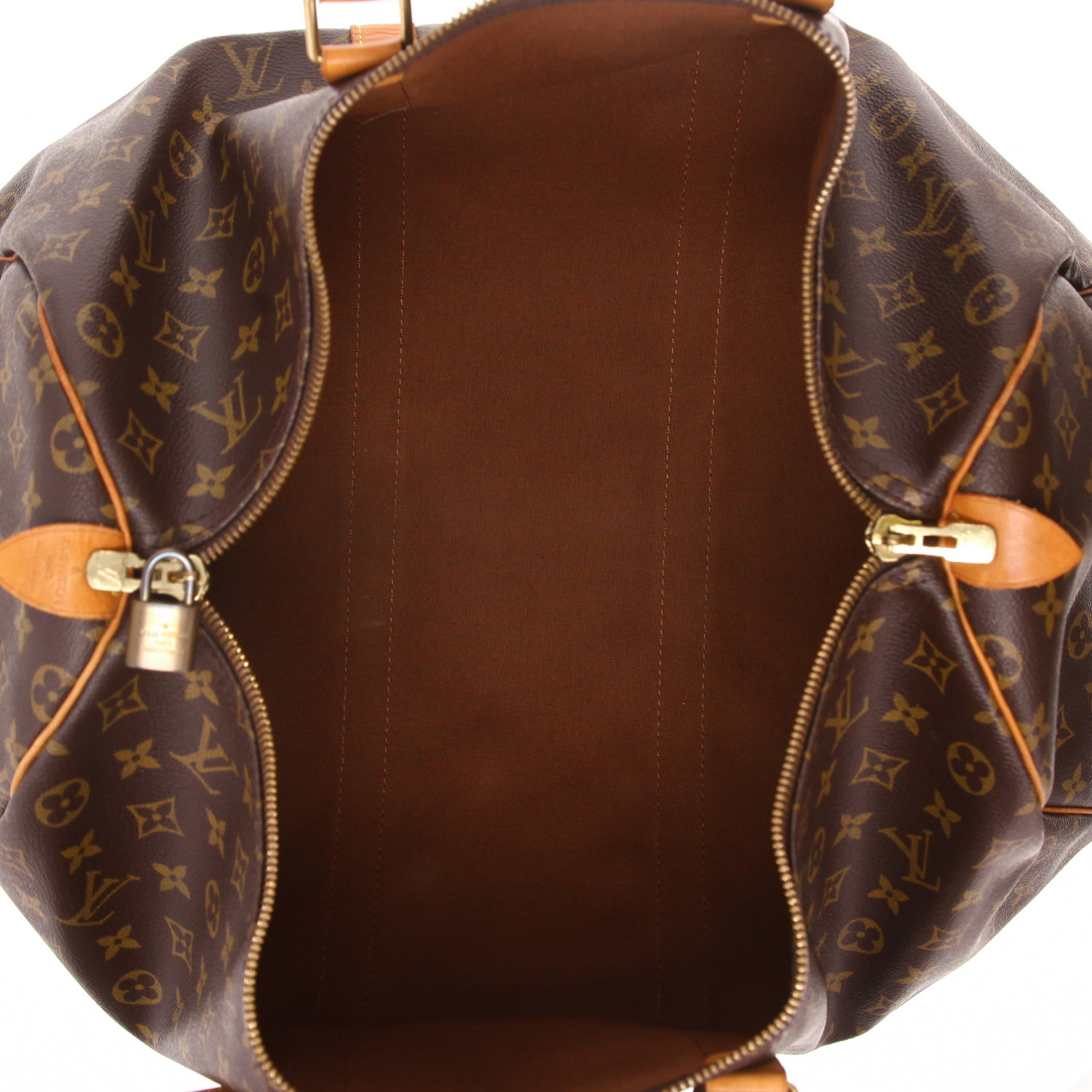 Sac de voyage Louis Vuitton  Keepall 50 en toile monogram marron et cuir naturel - Detail D7